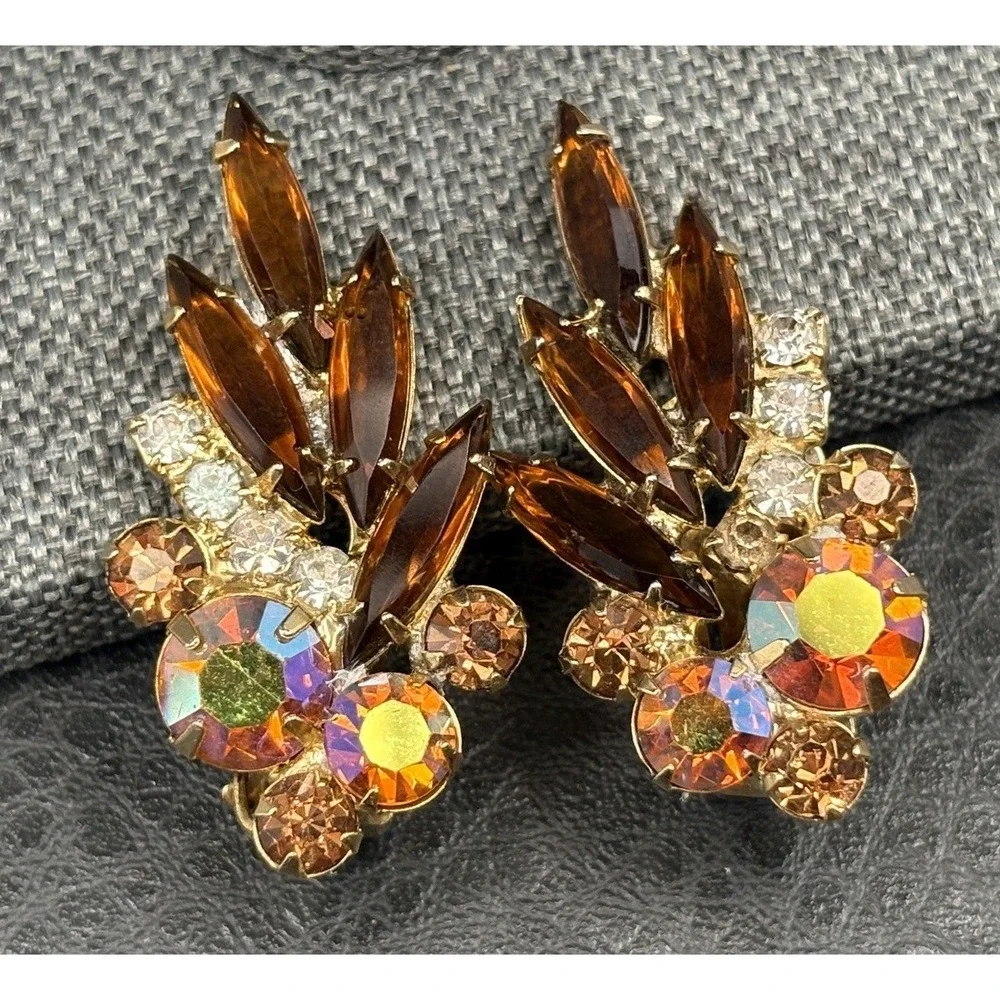 Vintage Aurora Borealis AB Rhinestone Navette Clip On Earrings Gold Tone